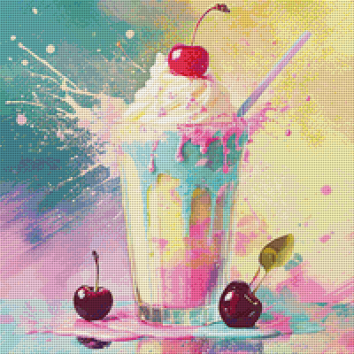 Diamond Painting Bild von einem Milkshake mit Sahne und Kirschen. Vorschaubild wie es gepaintet Fertig aussieht