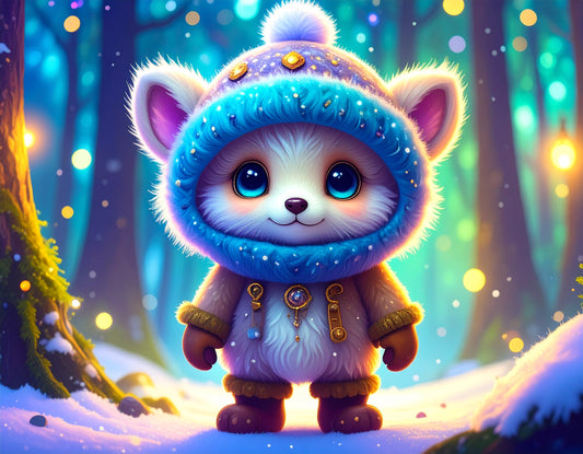 Diamond Painting Bild "Fluffy im Winterwald" 65x50cm mit AB Steinen DS-100