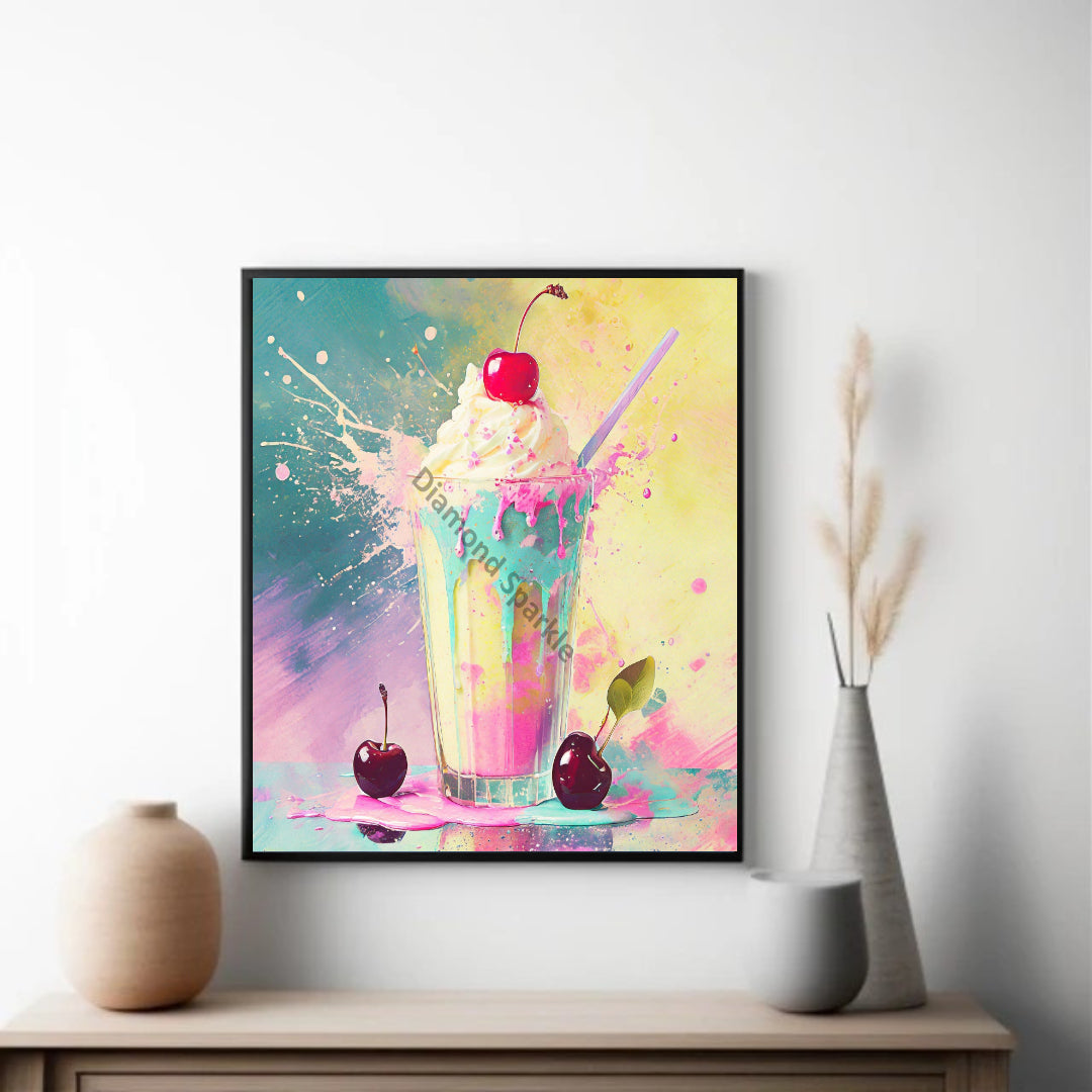 Ein Diamond Painting Bild von einem Milkshake mit Sahne und Kirschen Vorschaubild in einem Rahmen dekorative über einem Schrank