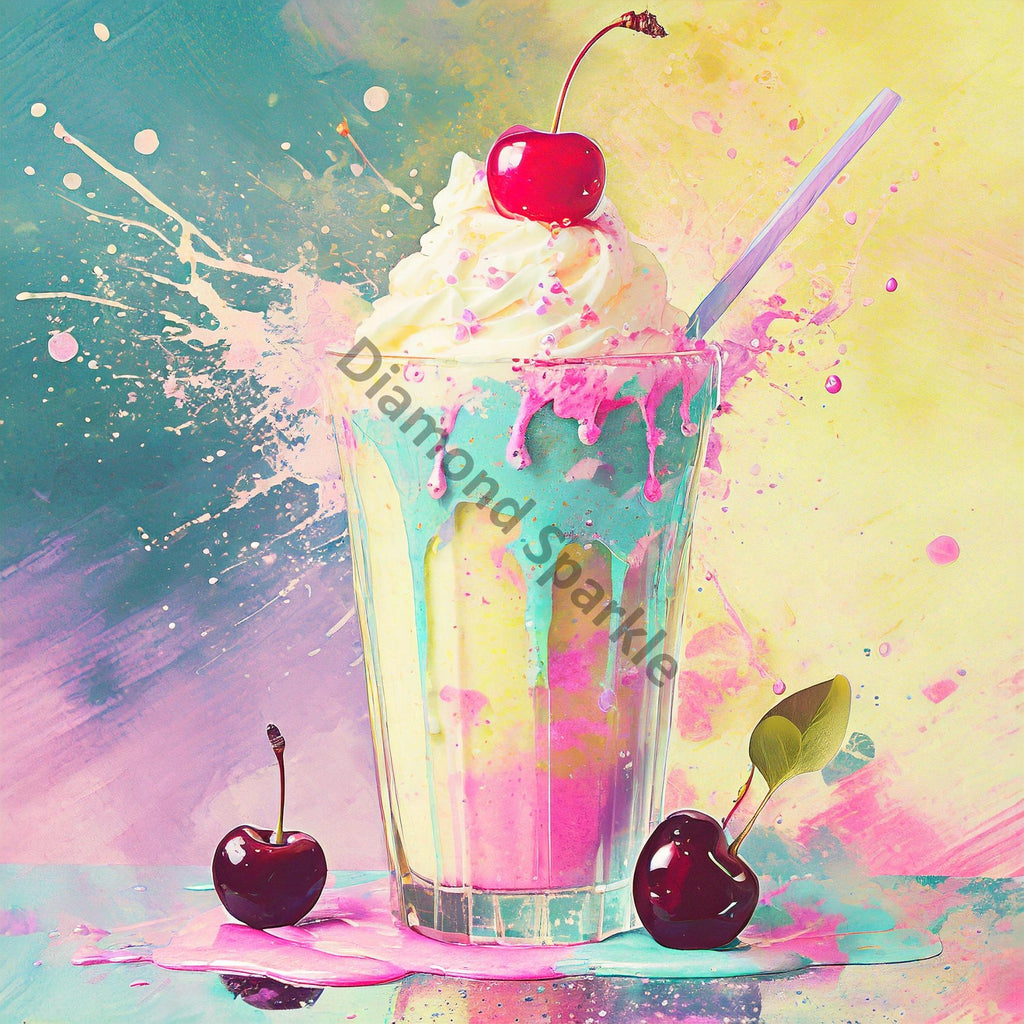 Vorschaubild Diamond Painting Bild mit einem Milkshake mit Sahne und Kirschen in Pastelltönen