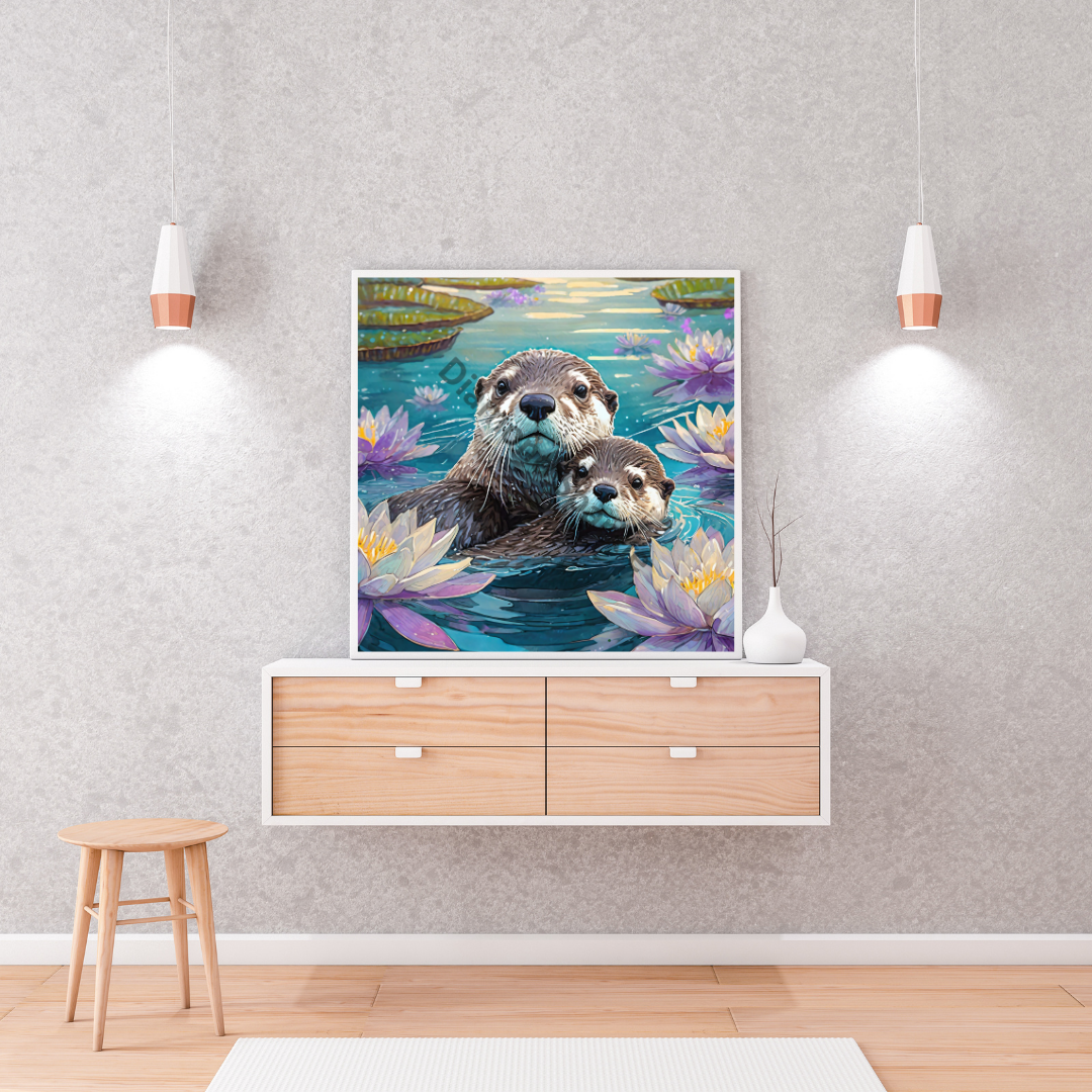 liebevolle Fürsorgliche Ottermutter mit ihr Junges umringt von Seerosen